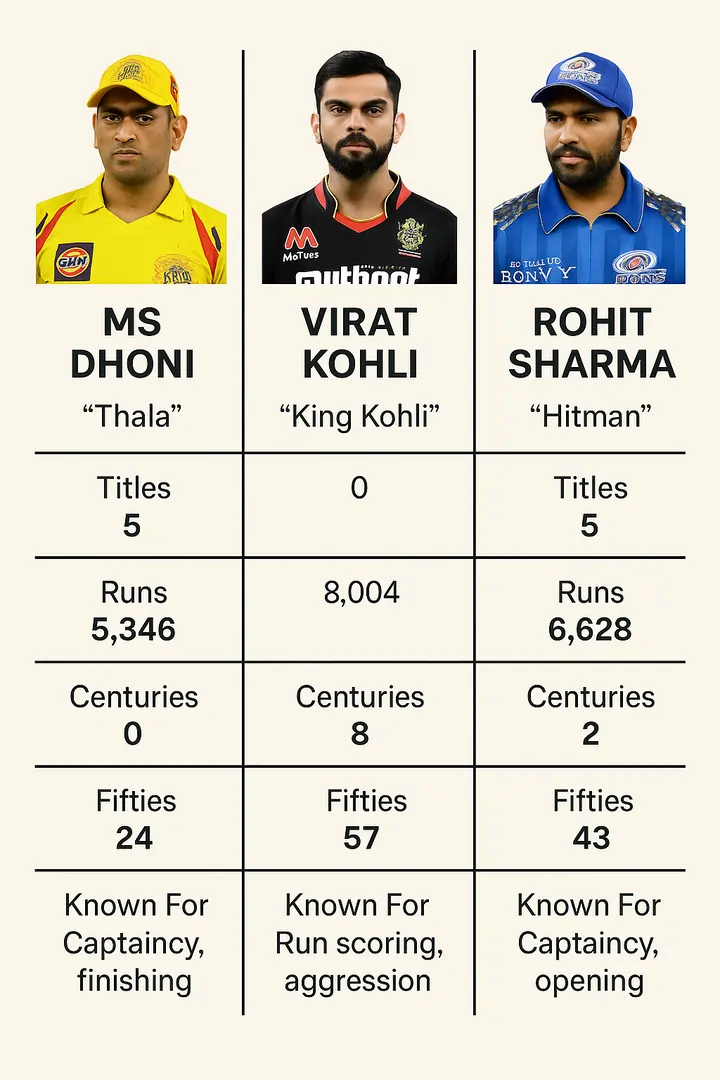 Comparison: Dhoni vs Kohli vs Sharma